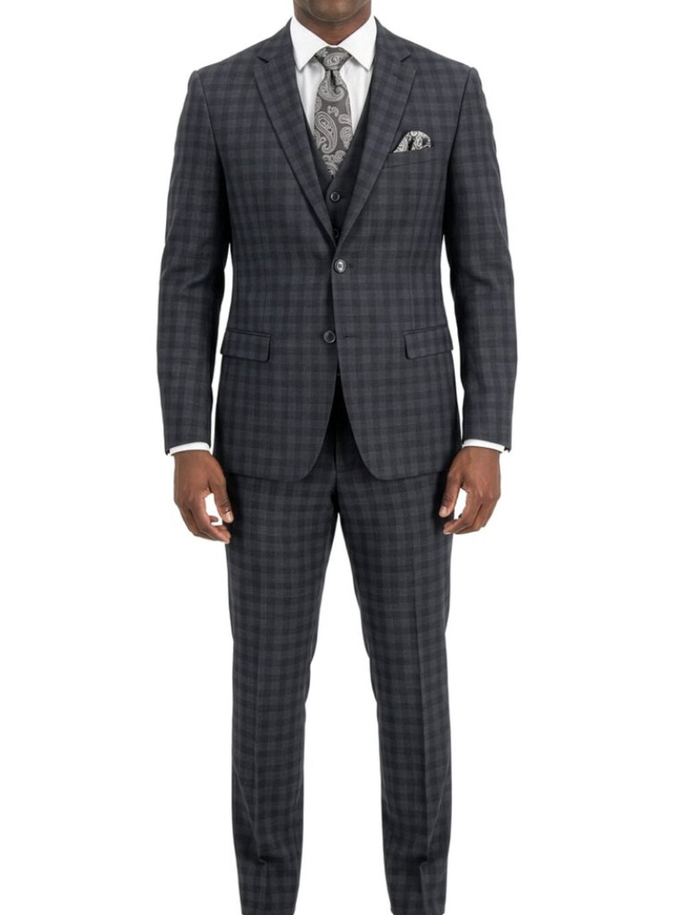 Charcoal Windowpane Plaid Notch Lapel 3 Piece Men's Suit